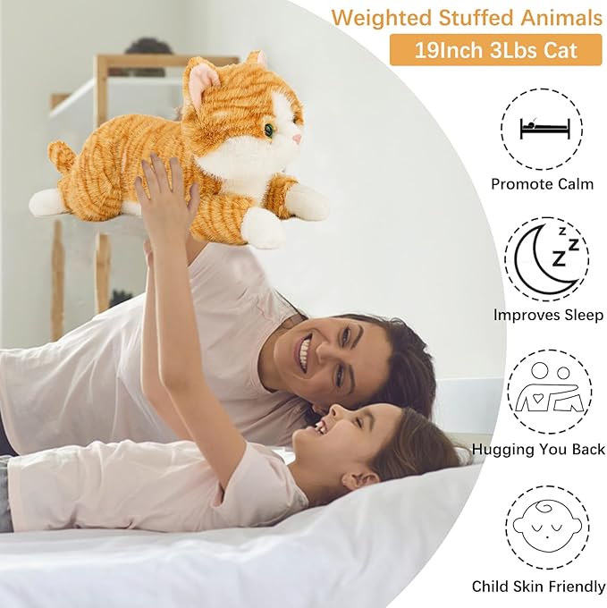 19 inch 3 lbs Cat Weighted Stuffed Animals, Realistic Weighted Cat Stuffed Animal, Sensory Comfort Plush Throw Pillow, Soft Kawaii Kitty Plush Toy Gift for Adults Kids Youth