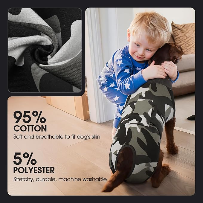 FUAMEY Dog Recovery Suit Male,Dogs Surgery Neuter Suits Puppy Spay Shirts for Female Protect Dog's Skin Anti Licking Abdominal Wounds Doggie Onesie Pet Bodysuit Alternative to Cone Grey Camouflage XS