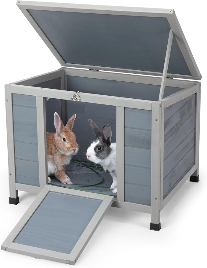 COZIWOW 24inches Wooden Catio Outdoor Cat House Small Animal House，Rabbit Hutch Indoor，Stable Weatherproof Bunny Cage Pet Shelter for Small Cat Dog Rabbit Guinea Pig (Grey)