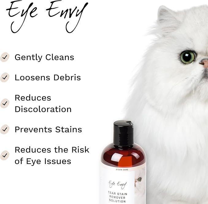 Eye Envy Tear Stain Remover Solution for Cats. 100% Natural, Safe. Treats The Cause of Stains. Recommended by Breeders, Vets, Groomers. Remove Eye Stains from and Exotics. 8 oz. Made in USA