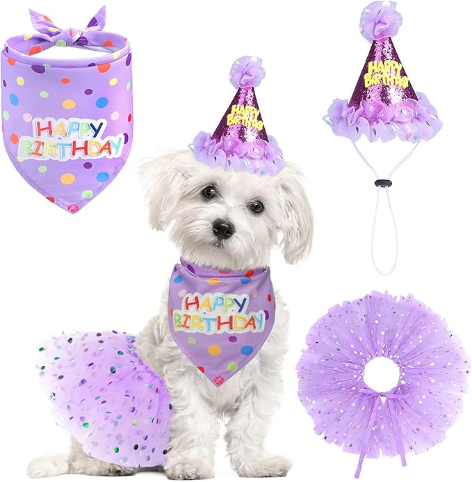 SCENEREAL Dog Birthday Bandana with Hat and Dress Girl Set, Puppy Birthday Party Supplies, Cute Tutu Skirt Outfit for Small Medium Large Dogs