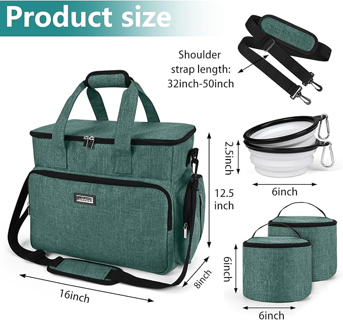 BAGLHER Dog Travel Bag, Airline Approved Pet Tote Organizer with Multi-Function Pockets, 2 X Food Storage Containers and 2 X Collapsible Dog Bowls, Perfect Weekend Pet Travel Set for Dog, Cat Green