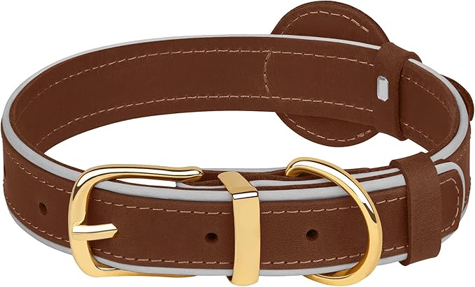 OOPSDOGGY Reflective Geniune Leather Airtag Dog Collar Soft Padded Collars for Small Medium Large Breed Dogs Puppy, 4 Sizes, 7 Colors (Brown, Large, 15"-19")