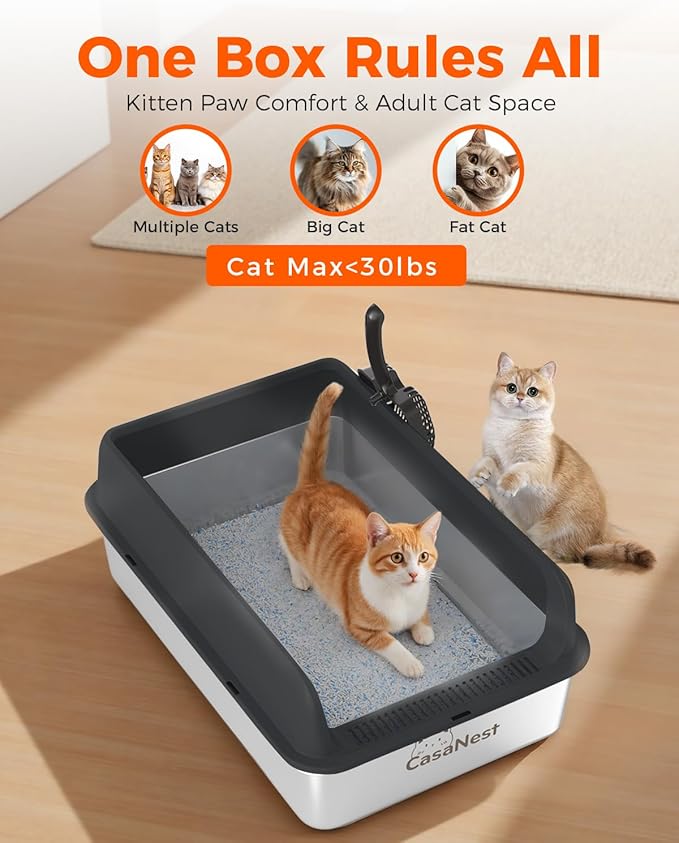 XXXL Stainless Steel Cat Litter Box 28.1''×20.5''× 10.1” Extra Large Metal Cat Litter Box for Big, Multi Cats, Anti-Leakage & Non-Stick Metal Pan, Easy to Clean, Durable (Black