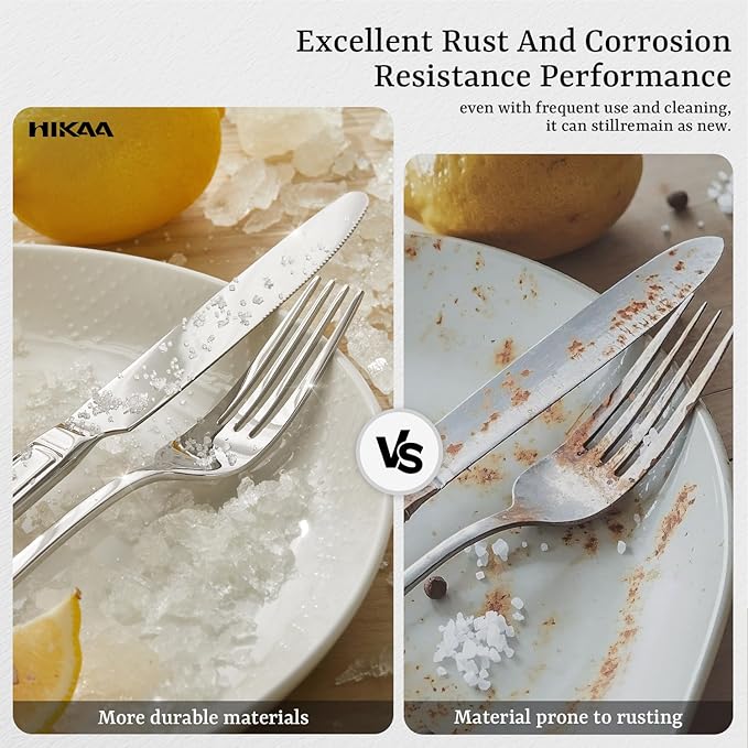 HIKAA Premium Silverware Set, Stainless Steel Flatware Set with Wide-Based Handles for Comfort & Durability, Forks & Spoons Cutlery Silverware Set (60PCS)