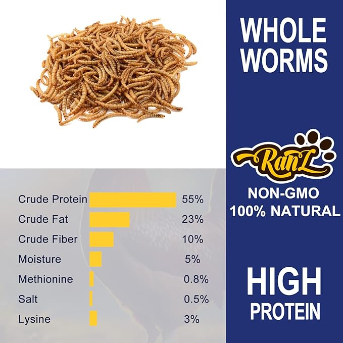 RANZ 5LBS Non-GMO Dried Mealworms for Chickens, High Protein Meal Worms, Premium Chicken Feed, Perfect Bird Food and Chicken Treats, Whole Large Mealworms for Wild Birds, Ducks, Fish