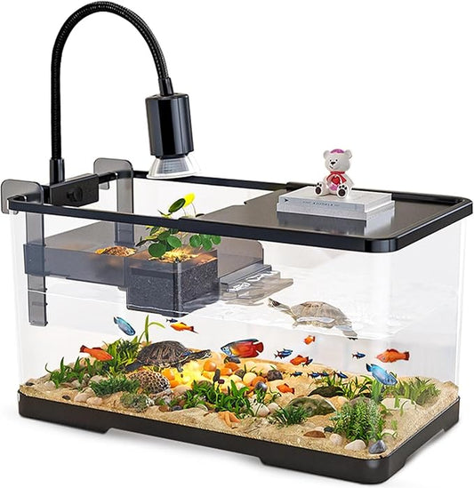 (Tank + Light + Filter Balls) Turtle Tank Kit, Turtle Tank Starter Kit,Bottom Drainage, Multi-Function Areas for Turtles, Crabs,Fishes, Amphibians,Reptiles. (11.81 × 7.88 × 7.88 Inch)