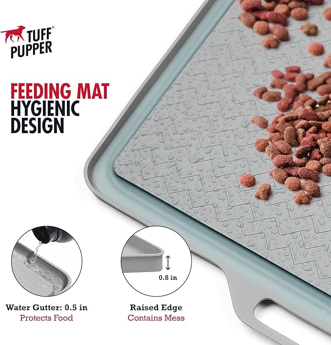 Tuff Pupper 18x12 Small Dog Feeding Mat for Food and Water | Dog Feeding Mats for Floors | Waterproof Puppy Water Bowl Mat | Dogs Placemats Pet Food Tray | Silicone Eating Mats for Cats and Cat Bowls