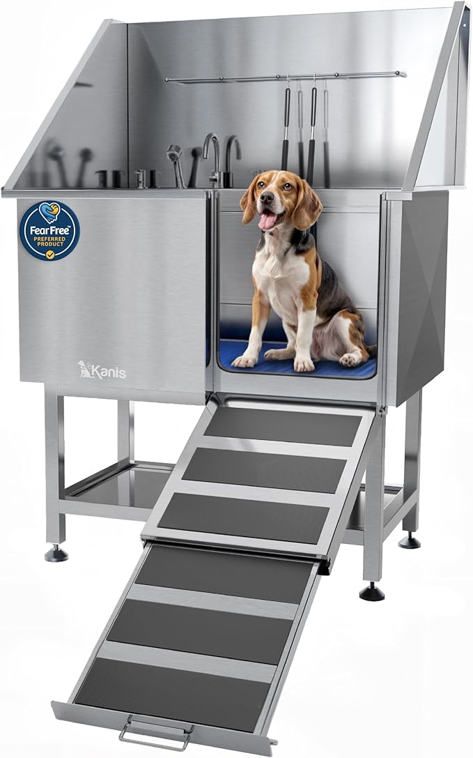 KANIS Professional Dog Washing Station - 304 Stainless Steel Pet Wash Sink & Grooming Bath Tub for Home with Ramp, Shower, Floor Grate, Storage Shelf, Faucet, Drain Kit for Large, Medium & Small Pets
