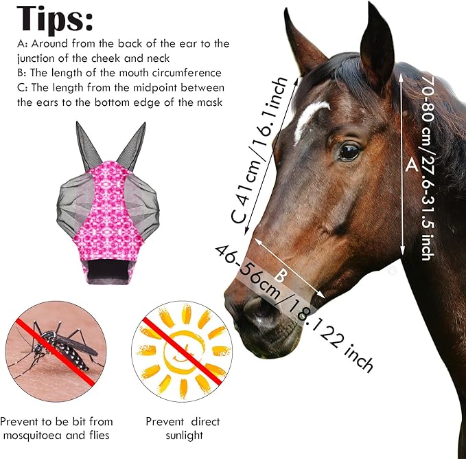Frienda 4 Pieces Horse Fly Masks with Ears Face Covering UV Protection from Insect Pests Elasticity Smooth Comfortable Mesh Horse Mask Accessories(Tie-dye,Medium)