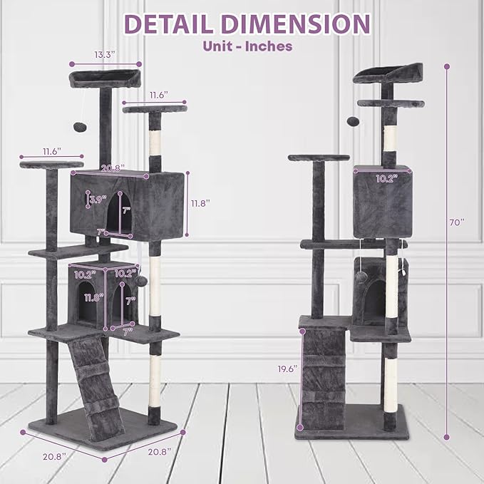 70 inches Cat Tower for Indoor Cats Multi-Level Cat Condos for XL Cat Tree Cat Climbing Tower with Scratching Posts, Hanging Toys,Light Gray