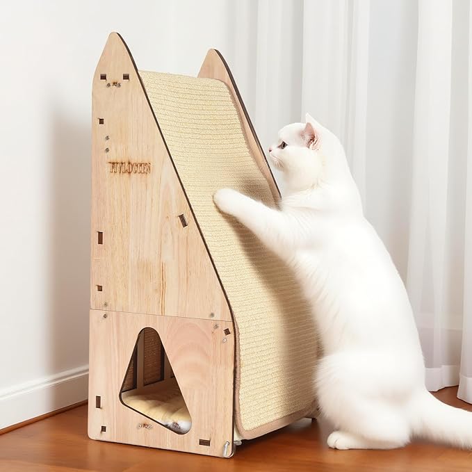 24in Multi-Functional Cat Furniture: Sisal Scratching Posts & Sturdy 3D Wood Frame for Indoor Cats, Integrated Cat Condo Hideout Tunnel All-in-One Space Saver for Multi-Cat & Budget-Friendly