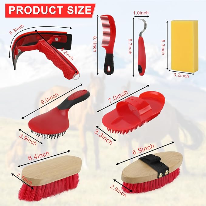 9 Pieces Grooming Kit with Tote Bag - Brush Set, Sweat Scraper, Sponge, Hoof Pick, Curry Comb for Horse Riders and Beginners (Red)