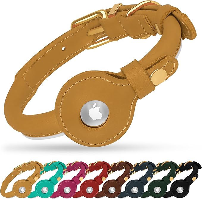 OOPSDOGGY Rolled Leather Dog Collar with Airtag Holder - Reflective Round Airtag Dog Collar - Soft Tracking Pet Collar for Small Dogs Puppy Cats Kitten (Camel, S, 10"-13")
