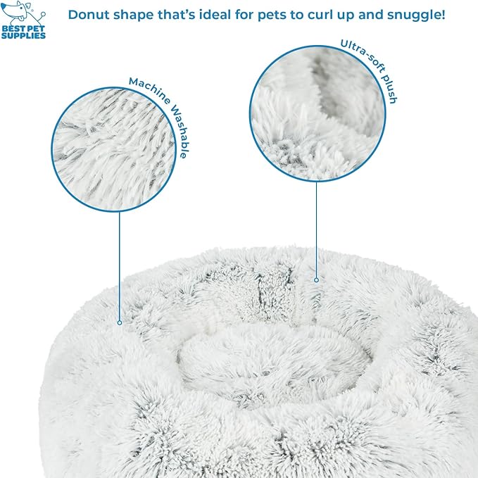 Best Pet Supplies Round Donut Dog Bed with Plush Faux Fur Fabric, Calming, Anti-Anxiety Cushion for Indoor Pets, Slip-Resistant Base, Soft Ergonomic Support - Light Warm Gray, 20x20x6''
