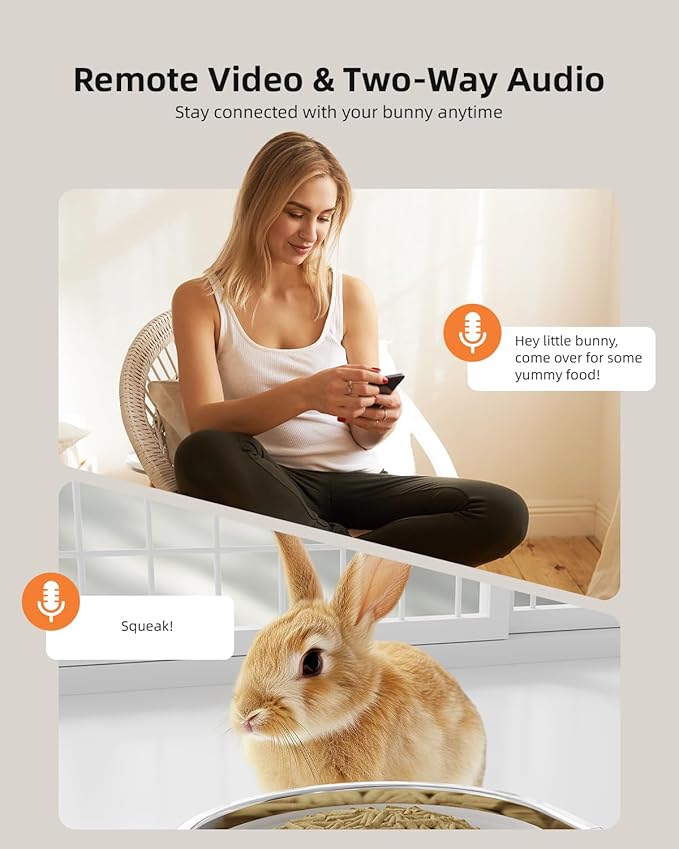 Hanging Automatic Rabbit Feeder with 1080P Camera, 62oz Storage, Multiple Pet Cage Compatibility, Customized Feeding Schedule- Perfect for Ferrets, Cats, Guinea Pigs, Chinchilla and Hedgehog