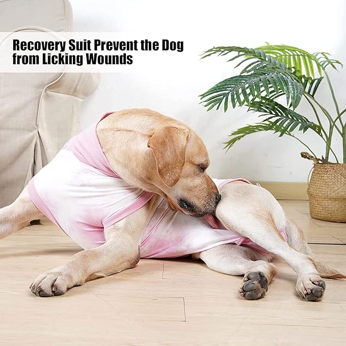 Dog Onesie Suit for Medium Large Dogs Recovery Suit Tie Dye Pajamasfor Abdominal Wounds,Shedding, Prevent Licking L Pink2