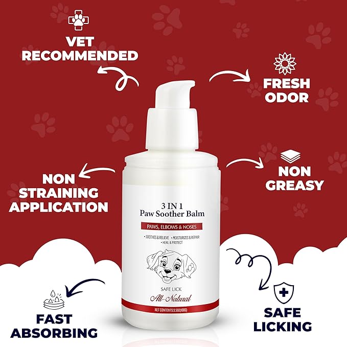 Dog Paw Pad Balm - 3-in-1 Lick Safe Soother & Moisturizer& Lotion for Dog Paws Nose, Elbow, Snout - Natural, Quick-Drying, Non-Sticky - All-Weather Cat Paw Balm Cream- 3.5 Oz/100Gram