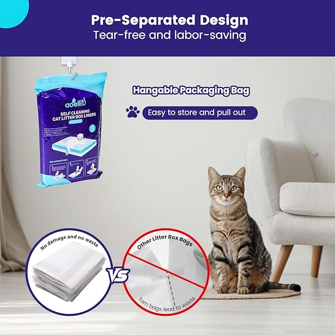 12 Count Litter Box Liners, Waste Bags Compatible with Pet-safe ScoopFree Self-Cleaning Litter Box Tray, Drawstring Litter Bags for Reusable Tray, Pre-Separated (38"L x 14.5"W x 7.8"H)
