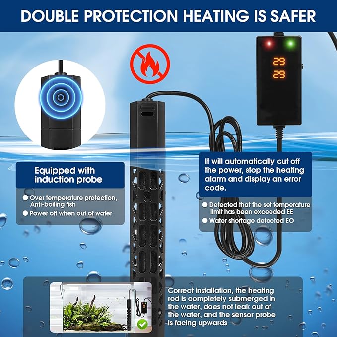 800w Aquarium Heater, Submersible Fish Tank Heater,Intelligent Frequency Conversion with Over-Temperature Protection and Automatic Power-Off When Leaving Water for