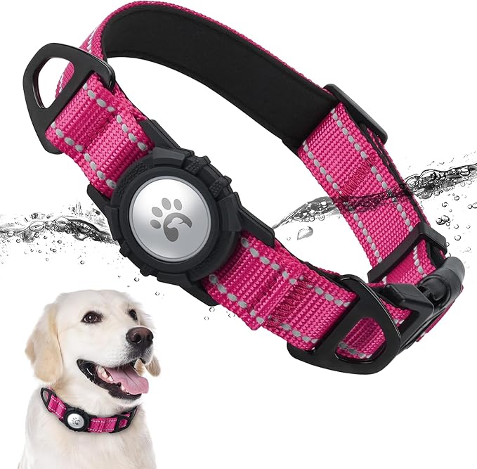TagME Airtag Dog Collar,Waterproof Reflective Pet Collar with Airtag Holder,Soft Padded and Double D-Rings for Large Dogs,Hot Pink