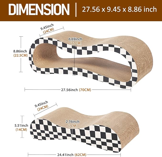 2 in 1 Cat Scratcher Cardboard Lounge Bed, Cat Scratching Post, Durable Board Pads Prevents Furniture Damage,Large,Checkerboard