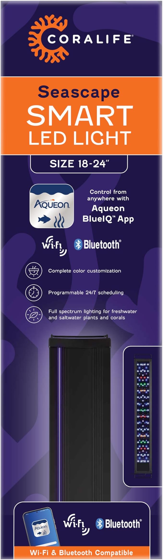 Coralife Fish Tank Aquarium Seascape WiFi/Bluetooth Smart LED Light Fixture, 18-24"