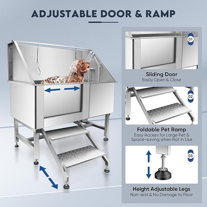 62" Pet Dog Bathing Station,Professional Stainless Steel Dog Grooming Tub,Pet Bathing Tub Dog Bathing Station with Faucet Walk-in Ramp Accessories,Commercial or Household use, (Extra Large)