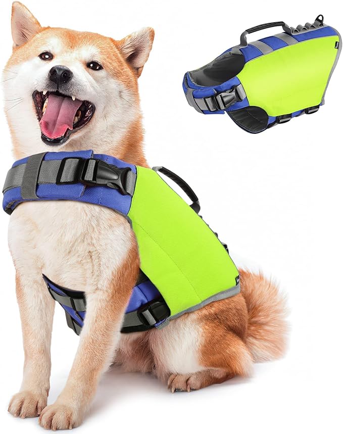 Pawaboo Dog Life Jacket, Reflective Safety Vest with Adjustable Pet Life Preserver, Ripstop Dog Lifesaver for Swimming, Boating - Bright Yellow, M