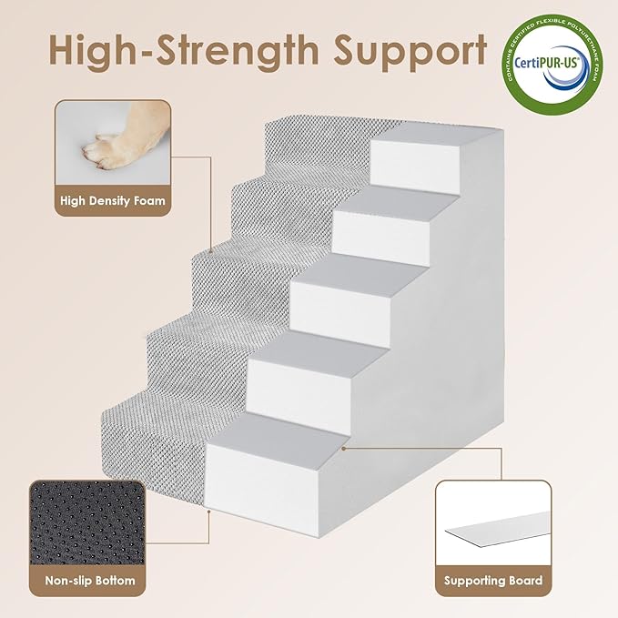 EHEYCIGA Dog Stairs for High Bed 25" H, 5-Step Extra Wide Dog Steps for Bed, Pet Steps for Small Dogs and Cats, Non-Slip Balanced Pet Ramp Indoor, Light Grey