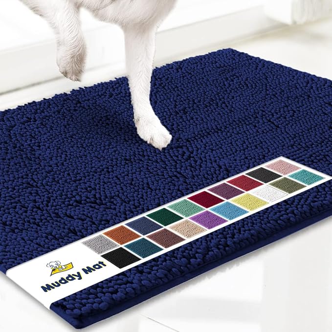 Muddy Mat® AS-SEEN-ON-TV Highly Absorbent Microfiber Dog Door Mat and Pet Rug, Non Slip Thick Washable Area and Bath Mat Soft Chenille for Kitchen Bathroom Bedroom and Indoor - Navy Blue Large 35"X24"