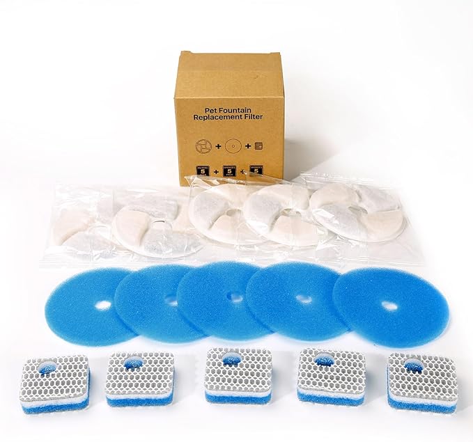 5 Set Cat Water Fountain Filter Replacement for Square 2.2L/73oz Stainless Steel Cat Fountain, ZEKIRY Pet Fountain Filter, Triple Filtration Replacement Filters(5 Filter, 5 Sponge, 5 8D Sponge)