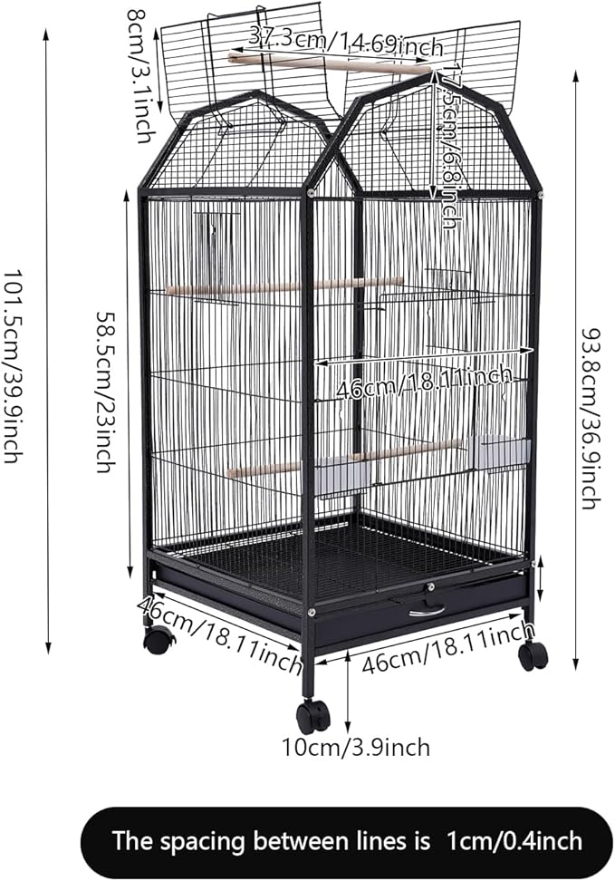 40-Inch Wrought Iron Bird Cage with Open-Top and Rolling Stand, Movable Parrot Cage Pet Bird Flight Cage, 360 Degree View Spacious Interactive Roof Pet Bird House for Medium&Small Birds