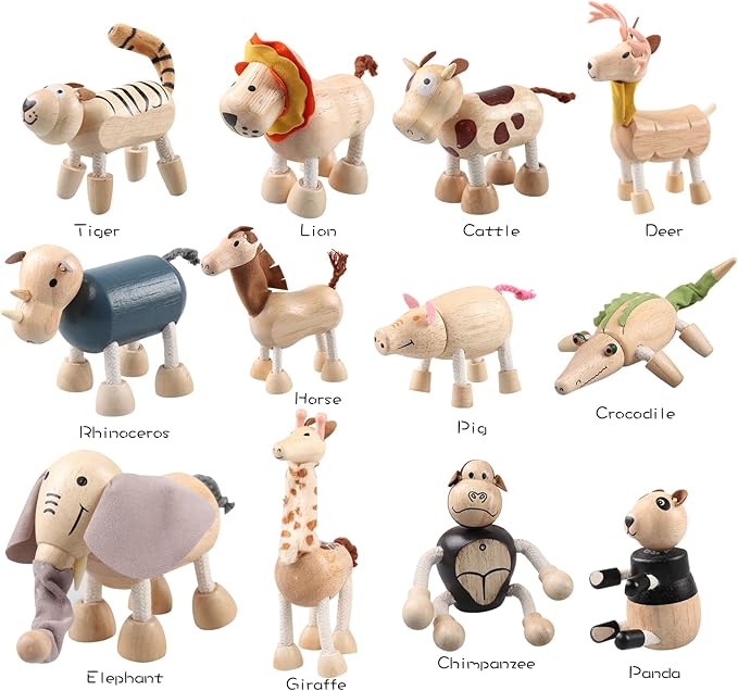 12PCS Bendable Wooden Animal Toys, Fun and Posable Animal Toys for Early Education, Smooth Natural Wood, Safari Farm Wood Animals Learning Toy for Kids