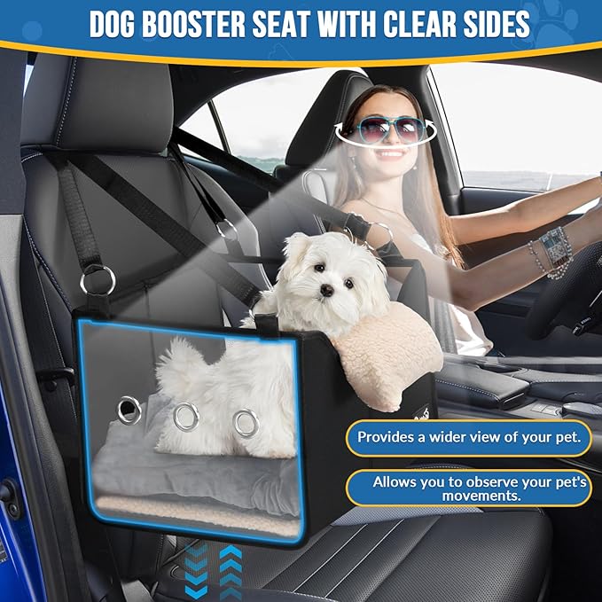 SlowTon Dog Car Seat for Small Dogs - Elevated Portable Dog Booster Seat Under 18 lbs, Pet Dog Travel Carrier with Clear Side Panel, Safety Belt and Soft Cushion