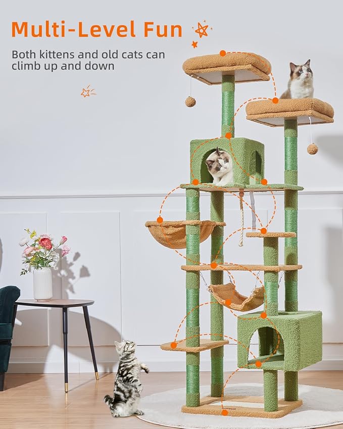 Taoqimiao Cat Tree, 71-Inch Cat Tree Cat Tower for Indoor Cats, Plush Multi-Level Cat Condo with 10 Scratching Posts, 2 Perches,Basket, 2 Caves,Hammock, 2 Pompoms,MS020T Cactus
