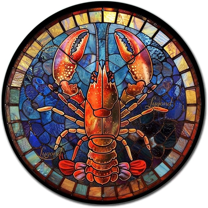 Lygond Metal Sign Tin Sign Circular Stained Glass Lobster Gardening Decor Gift for Garage 12×12 Inches