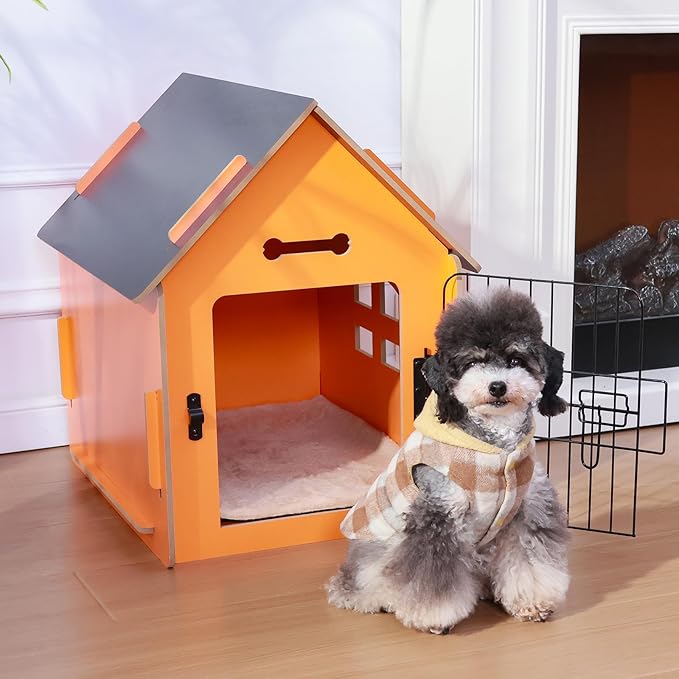 Dog House Indoor for Small Dogs or Cats, Cozy Wooden Design, Small Indoor Bed House, with Air Vents and Elevated Floor Warm Dog Cave (Orange)
