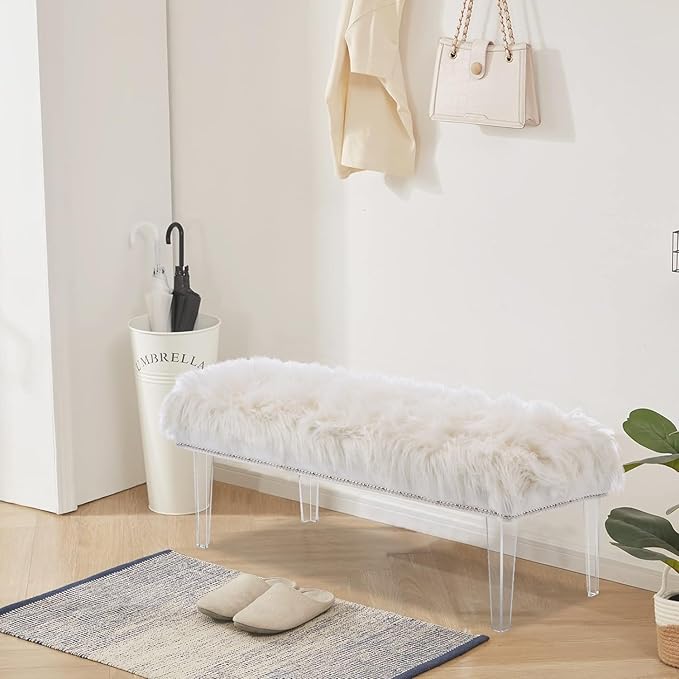 46 Inch White Bedroom Bench, Benches for Bedroom White Faux Fur Upholstered Bed end Bench, Tufting Ottoman Bench Indoor Bench with Acrylic Legs for Living Room Bedroom Entryway