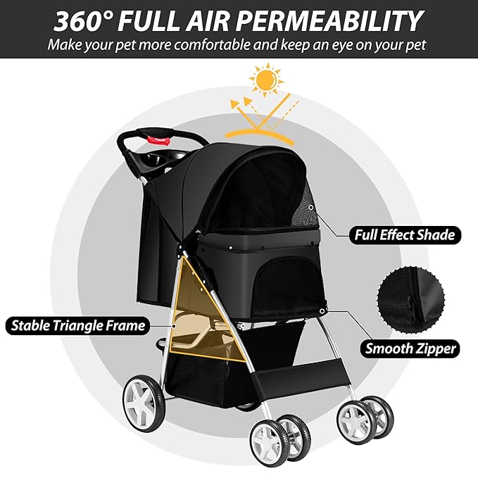 4 Wheels Pet Stroller for Small Medium Dogs Cats 10-33 lbs, Foldable Dog and Cat Stroller with Cup Holder & Storage Basket & Breathable Mesh, Pet Strolling Cart for All-Season, Black