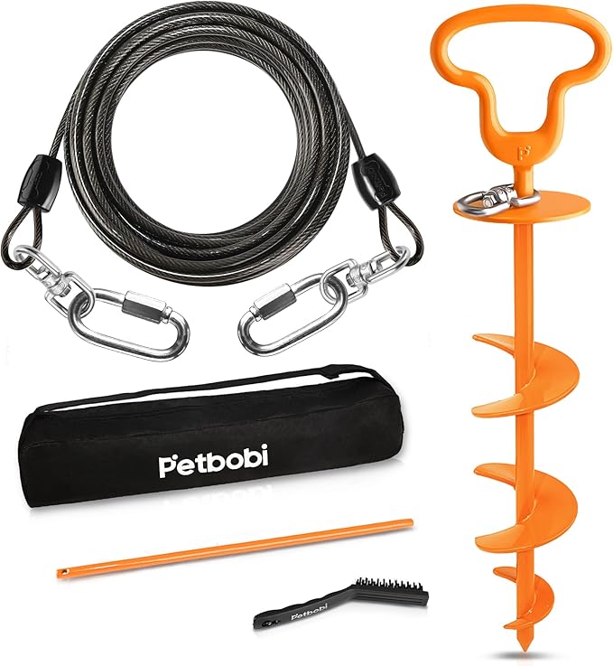 Petbobi Heavy Duty Dog Tie Out Cable and Stake - 40FT Steel Wire Dog Leads for Large Dogs Up to 300lbs, Anti Rust Spiral Stake with Strong Leash & 360° Swivel Hooks - Ideal for Yard, Outdoor & Camping