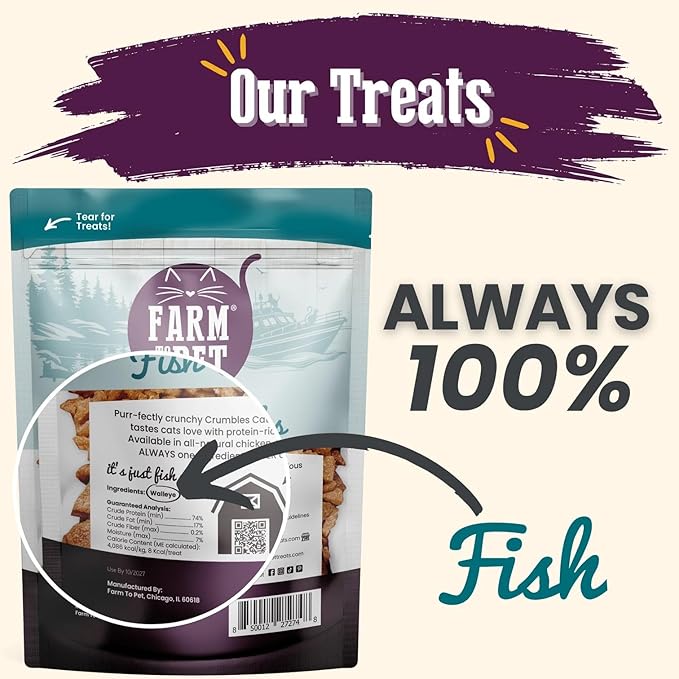 Farm To Pet - Cat Treat Crumbles - 3 oz Single Ingredient Fish Treat and Snacks - Healthy for Indoor Cats and Kitten - Essential Products (Mix with Wet/Dry Food)