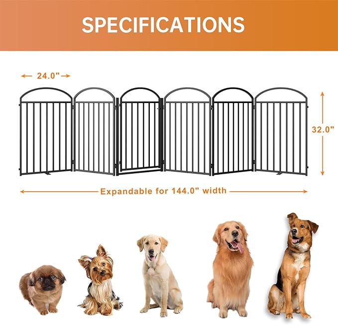 6 Panles Full Matel Freestanding Dog Gates with Door, 144"Extra Wide 32"Tall Free Standing Dog Pet Gate for Indoor & Outdoor. Foldable Pet Fences for Doorways, House, Stairs, Porch, Deck, Yard