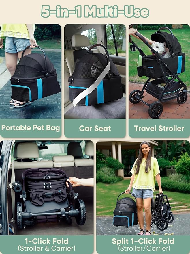 Dog Stroller, Cat Strollers, 5-in-1 Pet Stroller with Detachable Waterproof Carrier for Small/Medium Dogs Cats up to 55lbs, All-in-One Fold Without Detaching Carrier for Dogs Cats 10 lbs to 55 lbs