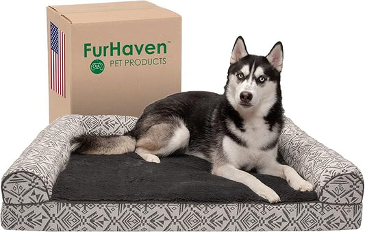 Furhaven Orthopedic Dog Bed for Large Dogs w/ Removable Bolsters & Washable Cover, For Dogs Up to 95 lbs - Plush & Southwest Kilim Woven Decor Sofa - Boulder Gray, Jumbo/XL