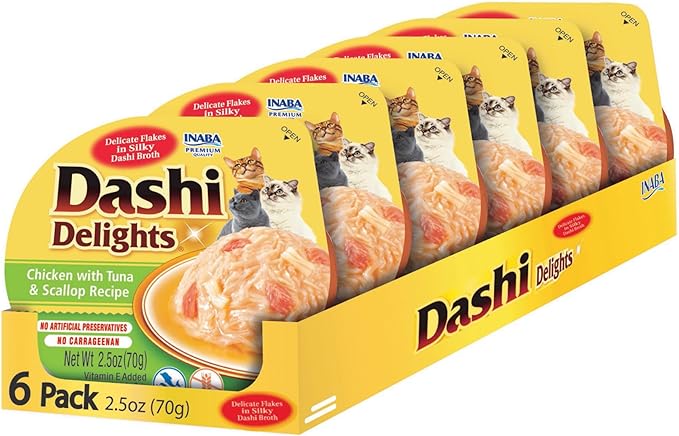 INABA Dashi Delights for Cats, 2.5 Ounce Cup, 6 Cups Total, Chicken with Tuna & Scallop Recipe