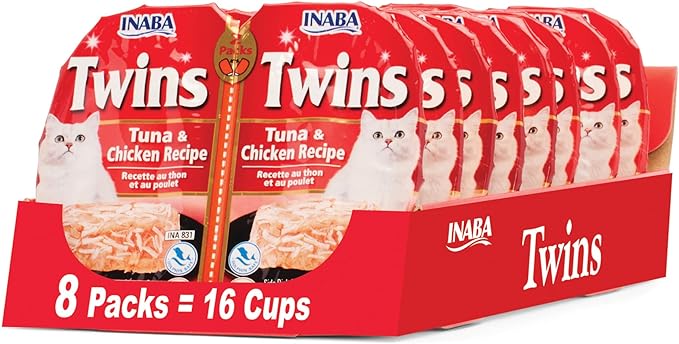 INABA Twins for Cats, Grain-Free Shredded Chicken & Broth Gelée Side Dish Cups, Tuna & Chicken Recipe, 1.23 Ounces per Serving, 19.68 Ounces Total (16 Count)