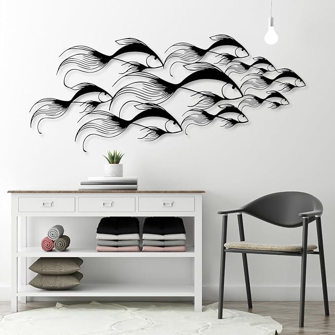 School of Fish Metal Wall Art, Metal Fish Wall Decor, Sea Life Wall Art, Large Nautical Wall Hanging, Modern Beach House Wall Decor, Ocean Themed Artwork for Bathroom (White, 41"x18" | 105x45cm)