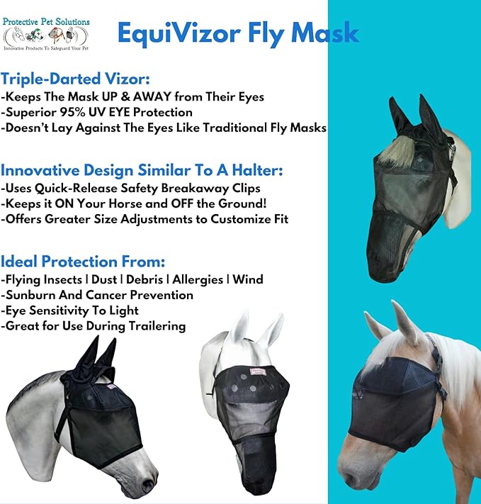EquiVizor 95% UV Eye Protection (Mini) Standard Horse Fly Mask - Help with Uveitis, Corneal Ulcer, Light Sensitivity. Designed to Stay On Your Horse, Off The Ground.