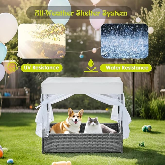Wicker Dog House Outdoor Indoor with Canopy, Weatherproof Outside Dog Shelter Bed with Cushion, 4Sided Mesh Windows, Pet House Tent Shade for Small Medium Dogs, Rattan Dog Cot for Patio Yard Gray